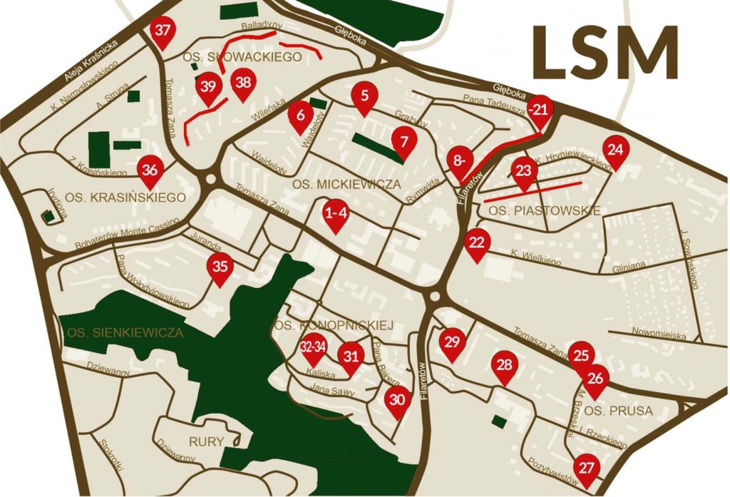 Mapa obiektów rzeźbiarskich w przestrzeni Lubelskiej Spółdzielni Mieszkaniowej